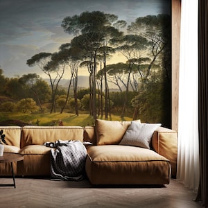 Pastorale Waldlandschaft Wallpaper | Schälen und aufkleben oder traditionelles Vintage Wandbild für Schlafzimmer, Wohnzimmer, rustikale Akzentwände