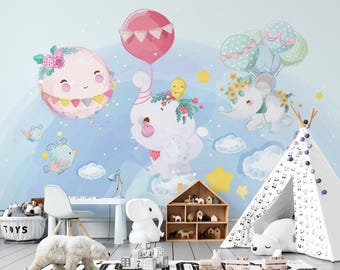 Flying Elephants Wallpaper, Birds and Balloons, Kids Room Decor (Peel and Stick)
