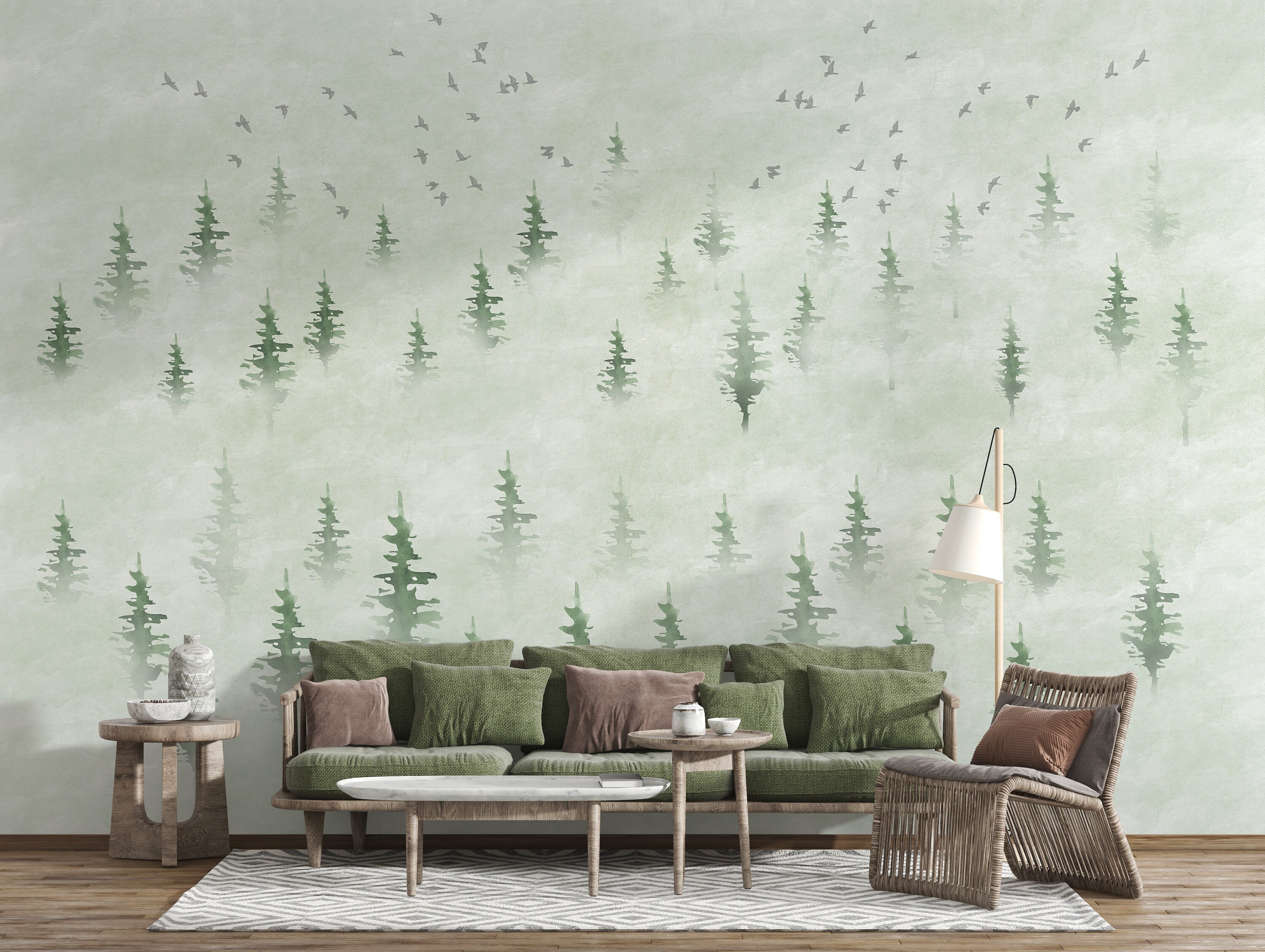 Watercolor Green Pine Trees Wallpaper Watercolor Foggy Forest - Etsy