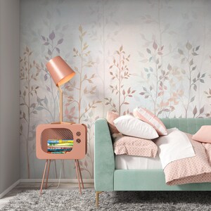 Mural de pared con hojas en acuarela – Papel pintado botánico en tonos pastel suaves imagen 2
