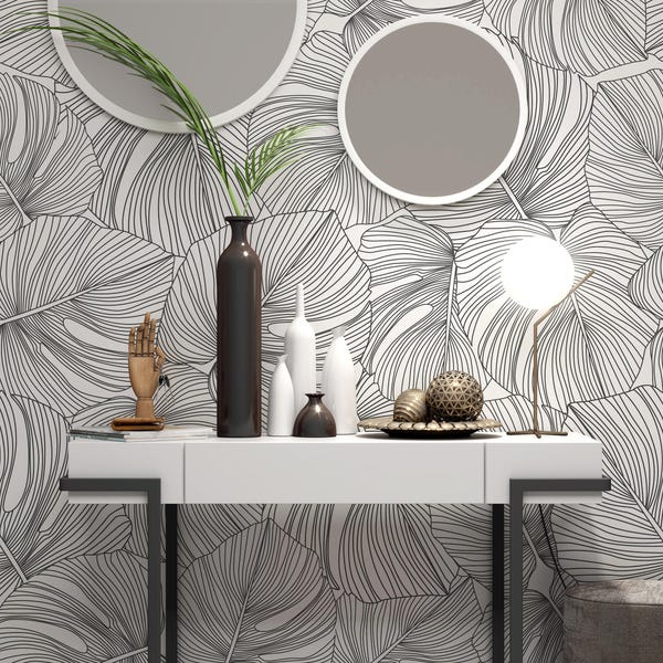 Minimalist Monstera Leaf Wallpaper | Black and White Line Art (Peel and Stick or Traditional)