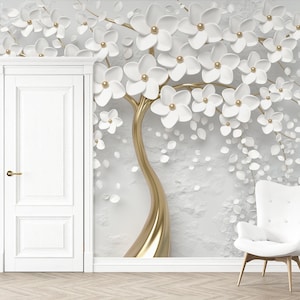 3D-Look-Baum-Tapete, Goldbaum-Tapete, 3D-Blumentapeten-Wandbild, Grau-Blau-Grün-Gelb-Rosa-Blumen-Schäl-and-Stick-Tapete