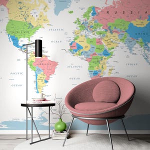 Papel tapiz clásico con mapa político del mundo, mural educativo brillante, despegable y pegable, o tradicional, para sala de estar o estudio.