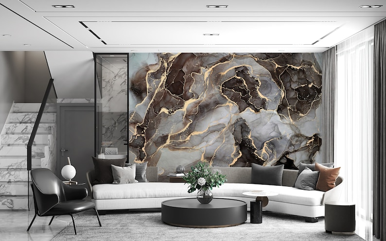 Modern Luxury Art Wallpaper, Gray Gold Bronze Marble Wallpaper, Fluid Art Painting Marble Wallpaper, Abstract Marble Wallpaper, Peel Stick image 2