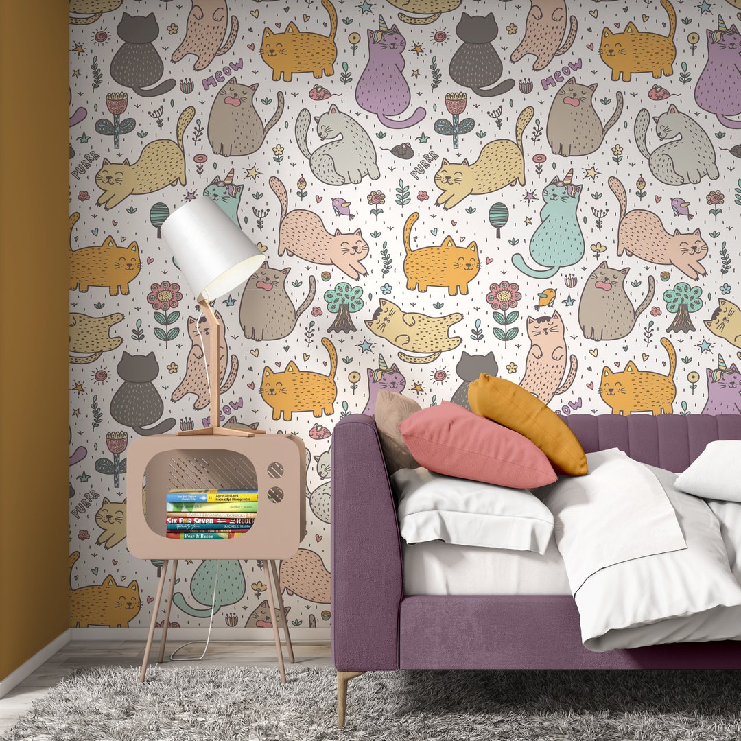 Peel and Stick Wallpaper, Cute Cats Summer Kawaii Wallpaper, Meow Mouse