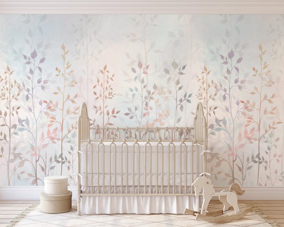 Watercolor Leaf Wall Mural – Soft Pastel Botanical Wallpaper