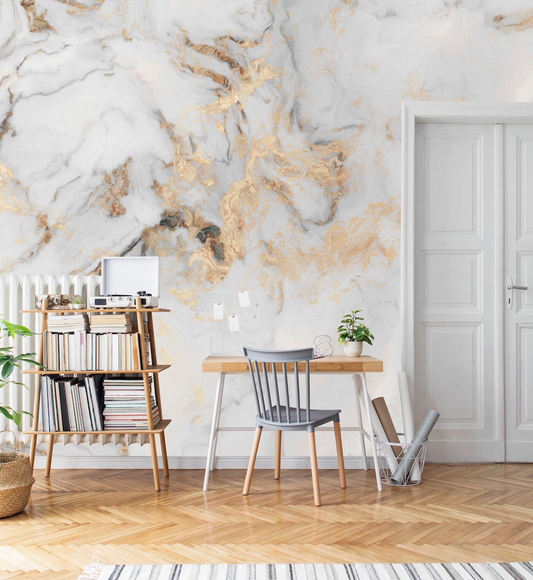 Gold Vein White Marble Wallpaper | Peel and Stick Mural - Etsy