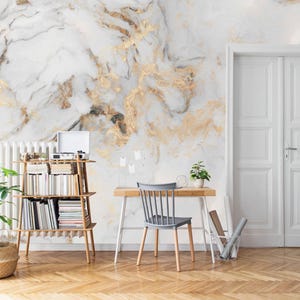 White Marble Wallpaper Peel and Stick or Traditional | Gold Vein Luxury Wall Mural for Living Room, Bedroom, Office Walls