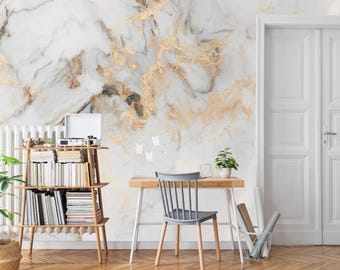 Gold Vein White Marble Wallpaper | Peel and Stick Mural