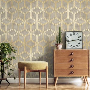 Moderne geometrische Tapete | Schälen und sticken oder traditionelles Goldwürfel-Wandbild für Schlafzimmer, Wohnzimmer, Flurakzent