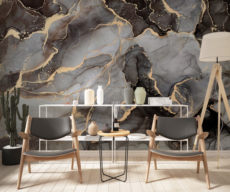 Modern Luxury Art Wallpaper, Gray Gold Bronze Marble Wallpaper, Fluid Art Painting Marble Wallpaper, Abstract Marble Wallpaper, Peel Stick image 6