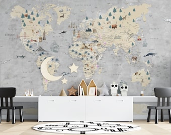 Educational Detailed World Map Wallpaper for Kids, Boys Room Gray Watercolor World Map Wallpaper With Animals, Peel And Stick Wallpaper