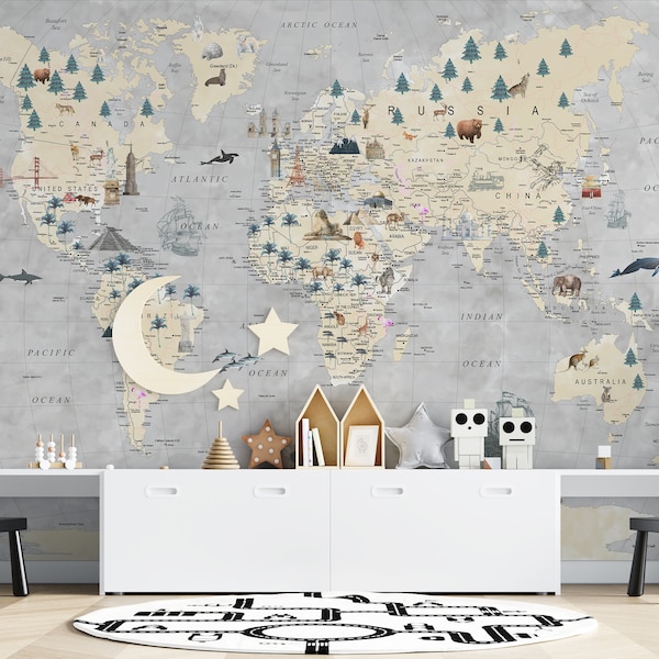 Educational Detailed World Map Wallpaper for Kids, Boys Room Gray Watercolor World Map Wallpaper With Animals, Peel And Stick Wallpaper