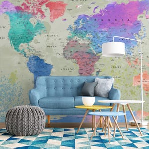Aquarell Splash Weltkarte Wallpaper | Künstlerisches Schälen und Aufkleben oder Traditionelles Wandbild | Wohnzimmer oder Studio Wall Decor