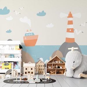Lighthouse and Boat Wallpaper for Kids | Nautical Wall Mural | Sea Theme Decor | Peel and Stick or Traditional | Nursery & Playroom