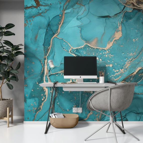 Aqua Blue Gold Acrylic Marble Texture Wallpaper Modern Art Etsy