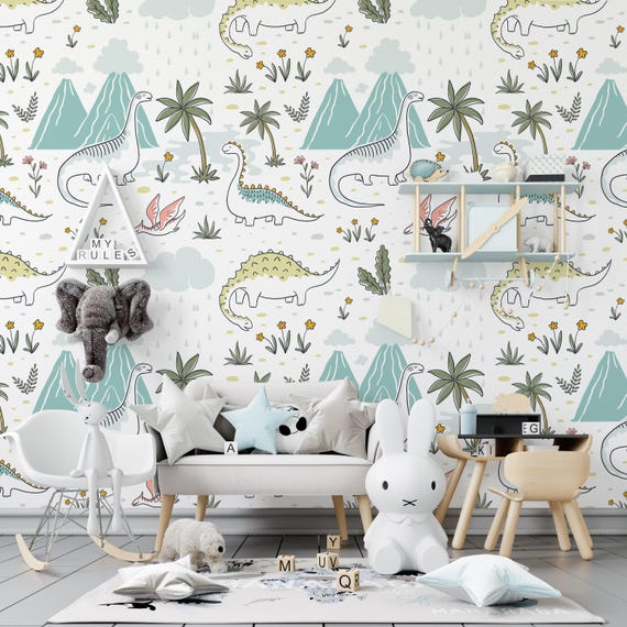 Dinosaur and Mountain Wallpaper: Kids Room Mural, Self Adhesive