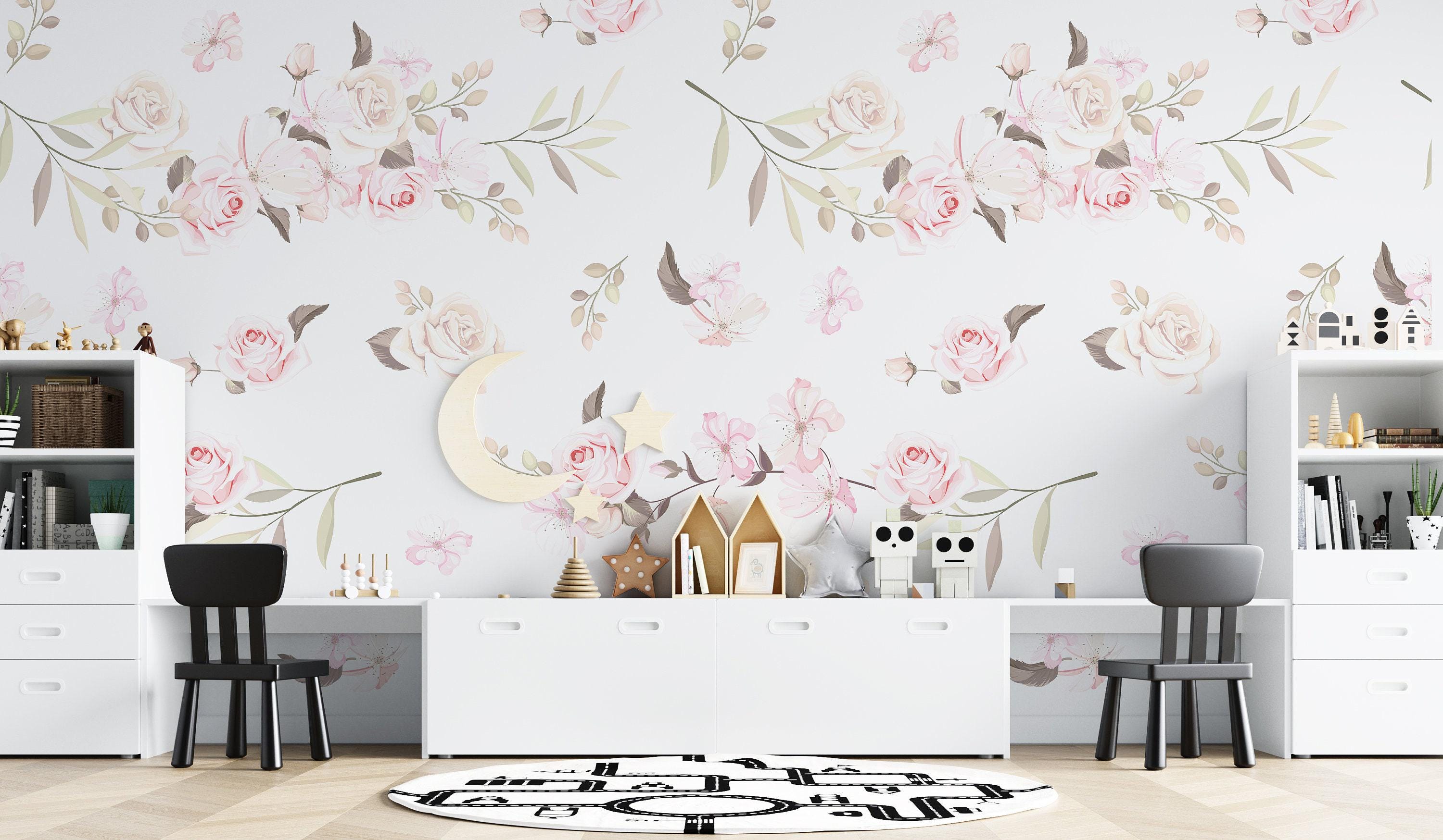Watercolor Floral Wallpaper, Pink Flowers Wall Mural, Peel and Stick - Etsy