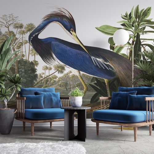 Vintage Landscape Wallpaper With Heron Bird Peel & Stick Etsy