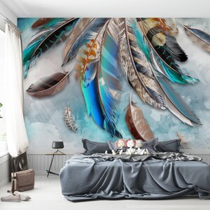 Feathers Wallpaper, 3D Look Blue Feathers Wallpaper Self Adhesive Peel and Stick Wallpaper, Removable Wallpaper Mural, Living Room Wallpaper