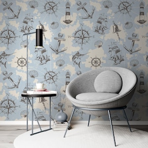 Vintage Sea Marine Wallpaper, Kids Wallpaper, Nursery Decor Wall Art, Peel and Stick Wallpaper, Nautical Wallpaper, Self Adhesive Wall Mural