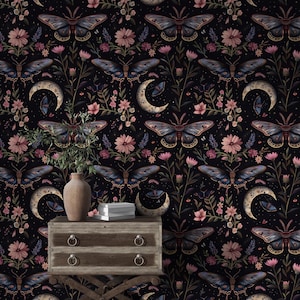 Mystical Moth Wallpaper, Dark Floral Moon Moth Wall Decor, Celestial Vintage Aesthetic Wallpaper Mural, Peel and Stick Wallpaper Print