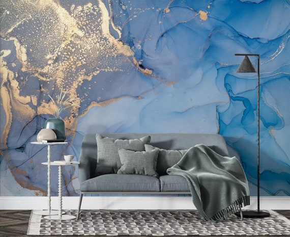 Art Wallpaper Abstract Gold Blue Wallpaper Blue Acrylic | Etsy