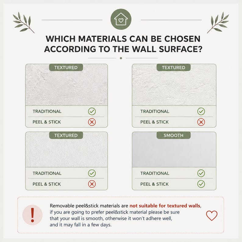 以下が含まれることがあります： WHICH MATERIALS CAN BE CHOSEN ACCORDING TO THE WALL SURFACE?というタイトルの情報グラフィック。4つの壁の質感の例を表示し、伝統的な素材と剥がして貼る素材をチェックマークとX記号で比較し、警告文が記載されています。