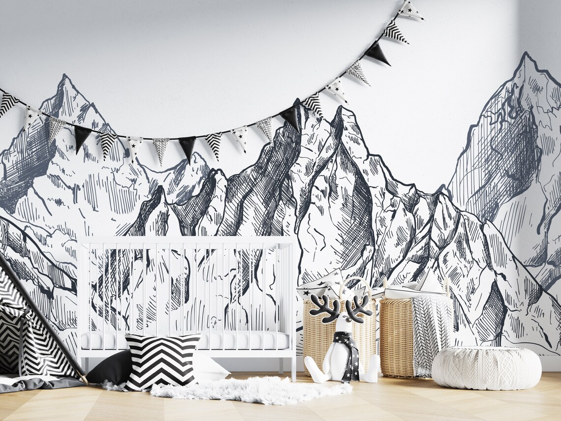 Black and White Mountain Wallpaper Charcoal Drawing Etsy