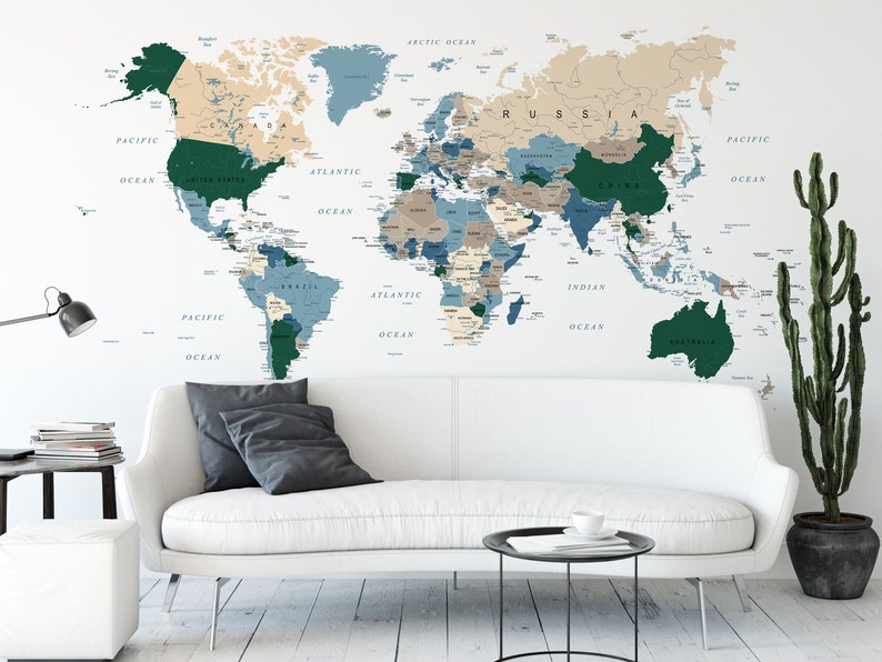 Customized Large World Map Mural Green Brown Blue Tones World Etsy