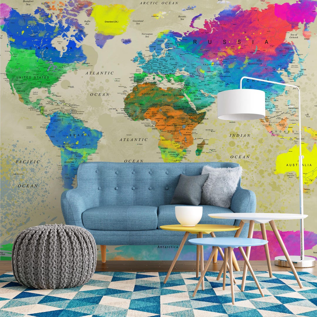 Colorful World Map Mural | High-contrast Peel and Stick Wallpaper - Etsy UK