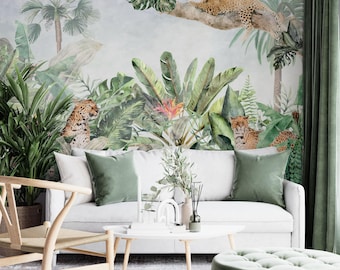 Papel pintado de leopardo de la jungla / Mural de pared autoadhesivo de safari tropical