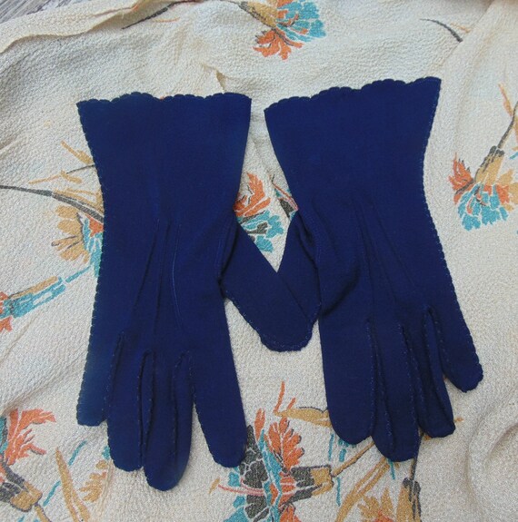 Vtg 40s Navy Blue Cotton Flared Wrist Gloves Lg