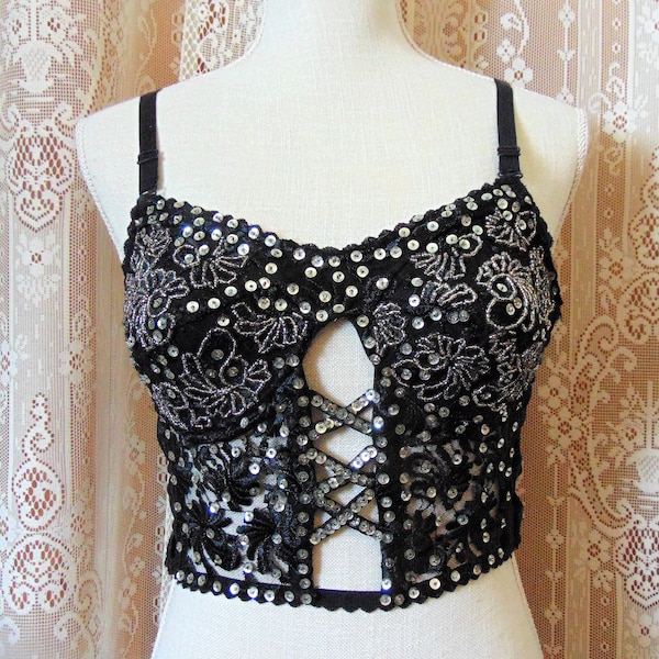 Vtg 80s Blue Bamboo Black Embroidered Bustier with Silver Beads & Sequins Sm