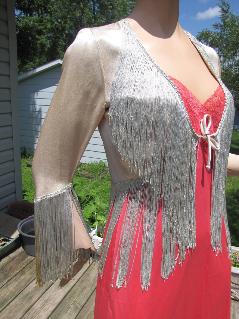 Bohemian gypsy boho vintage 1990s CLIMAX by David Howard blush satin fringed top sm