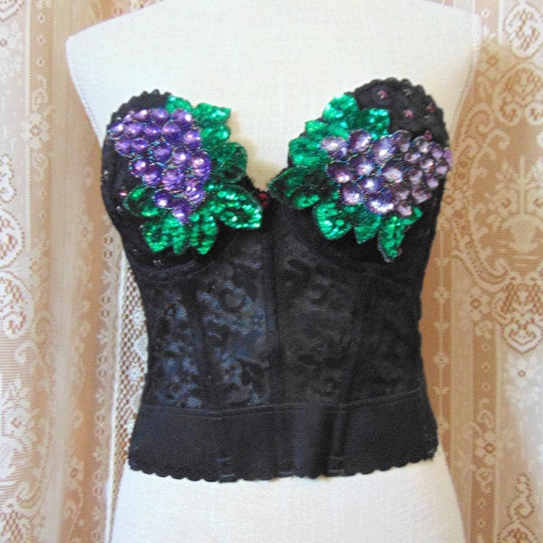 Vtg 50/60s Carnival Union Made Black Lace Strapless Bustier 1980s Upcycled with Sequin Appliques & Jewels 34D