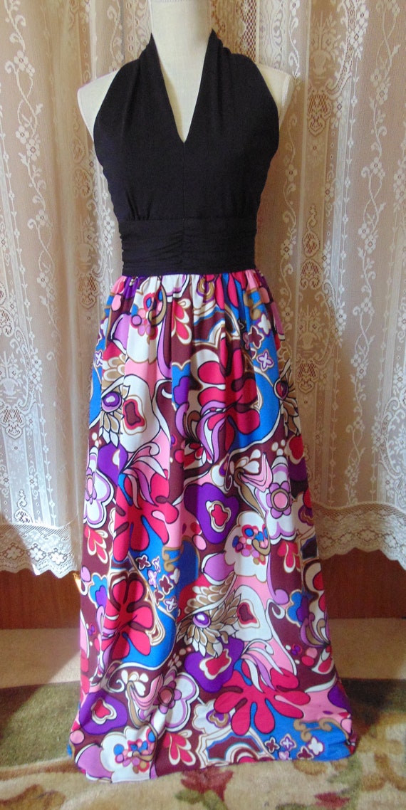 Vtg 70s psychedelic maxi halter dress sm 24w