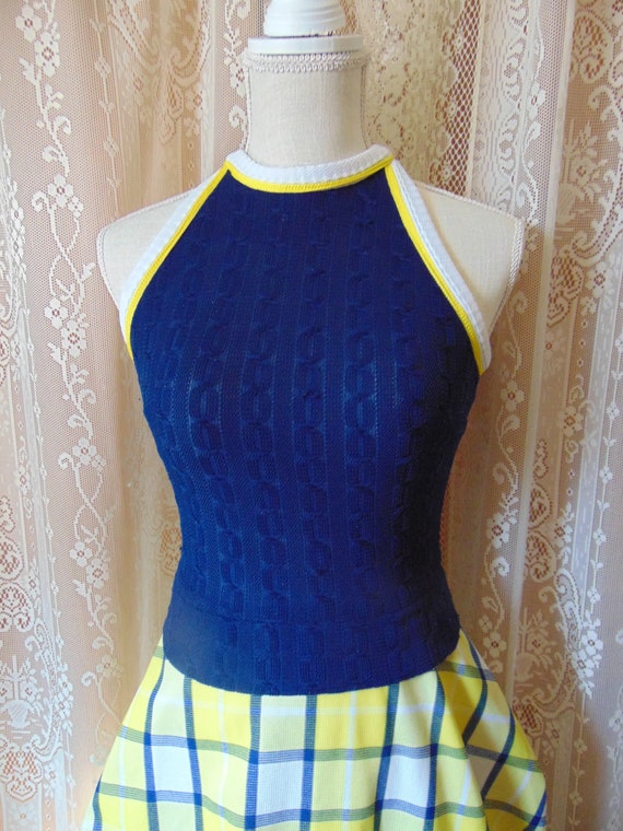 Vtg 70s Jerell of Texas yellow white & blue knit m