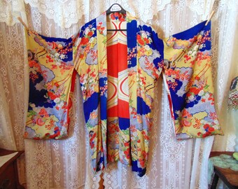 Colorful VTG 1920s Silk Reversible Kimono Rickshaws & Bird