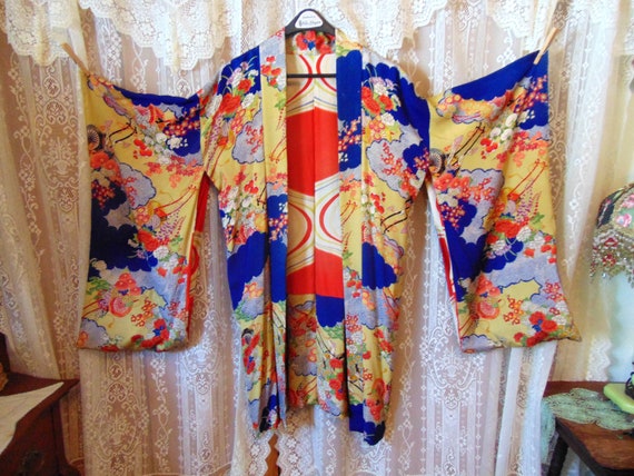 Colorful VTG 1920s Silk Reversible Kimono Ricksha… - image 1