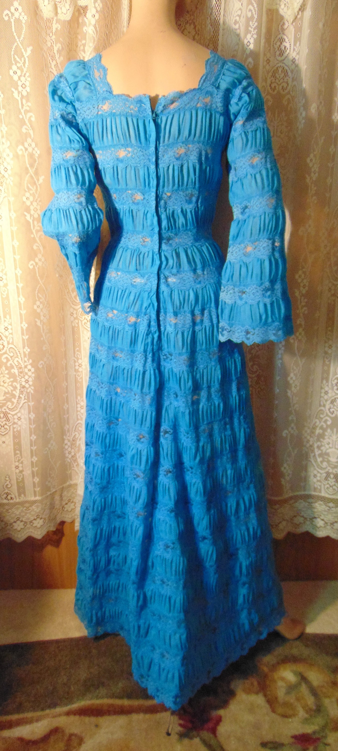Medium 1970s Boho Dress Hippie Bell Sleeve Sheer Yellow Bohemian Knit