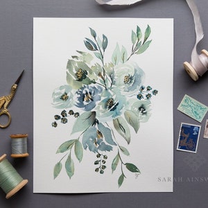 Floral Gallery Wall Art, Blue Green Floral Painting, Blue Green Watercolor Art, Office Wall Decor, Bouquet Watercolor Fine Art Print