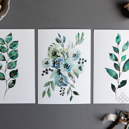 Floral Gallery Wall Art Blue Green Floral Painting Blue Etsy