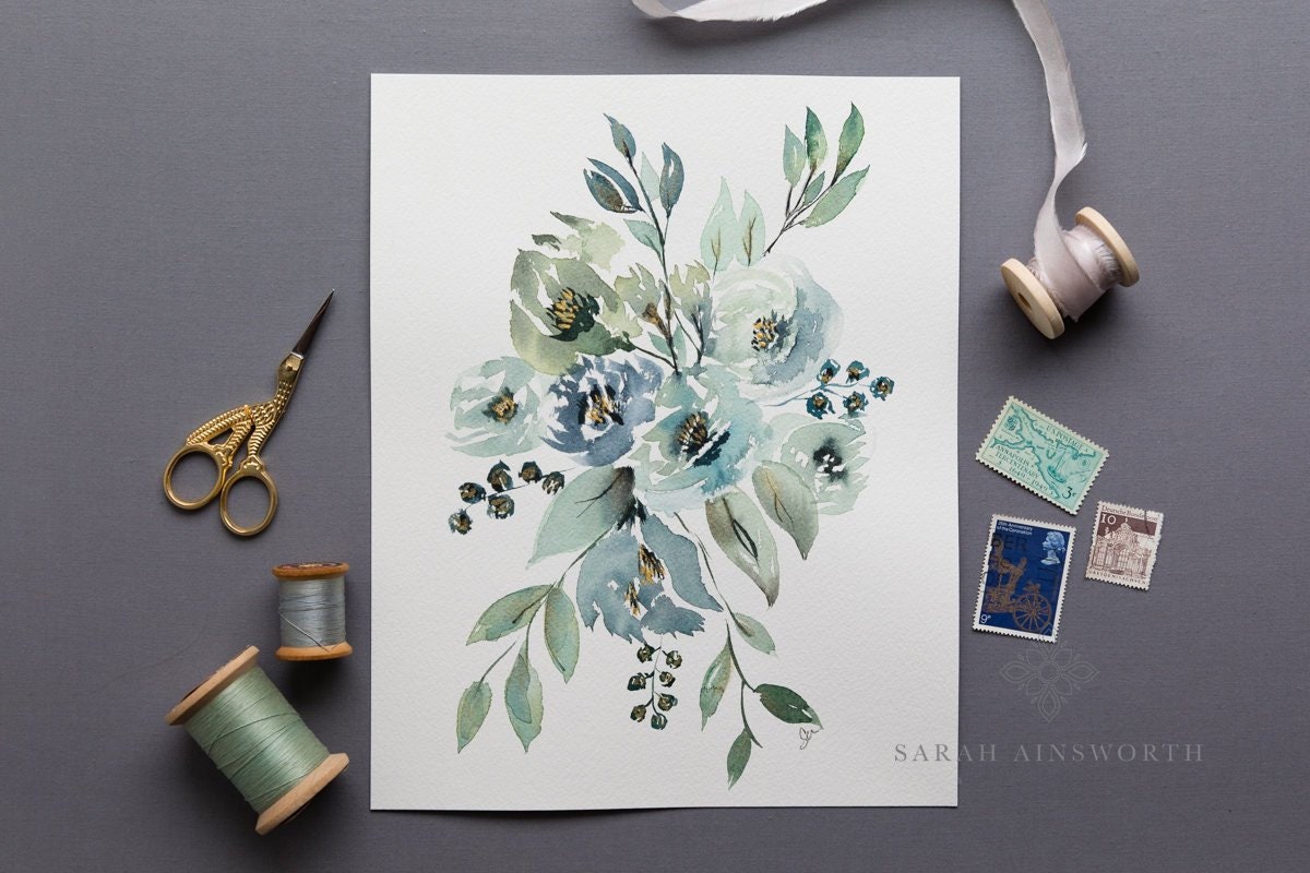 Floral Gallery Wall Art Blue Green Floral Painting Blue Etsy