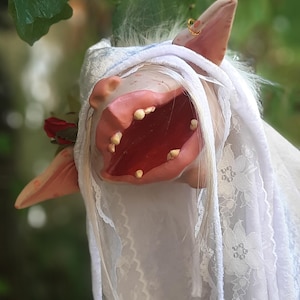 May include: A whimsical sculpture of a creature with pink skin, large teeth, and a red mouth. It wears a white lace veil and has a small red rose. A gold earring adorns one ear. The background is blurred green foliage.