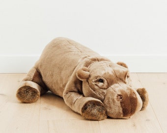 Big elongated Handmade Stuffed Toy Hippopotamus 50cm. Brown Synthetic fur, realistic and Very Soft for baby, children & adults