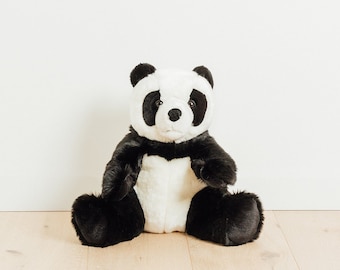 Small Handmade Stuffed Toy Panda 28cm. Black Synthetic fur, realistic and Very Soft for baby, children & adults – My panda Sam