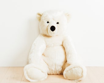 Very Big White Handmade Stuffed Toy Teddy Bear. White Synthetic fur, realistic and Very Soft for baby, children & adults–My teddy bear Jules