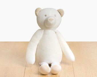 Small Handmade stuffed toy Bear 35cm. Beige synthetic fur Bear, realistic and very soft for baby, children & adults – My first doudou bear