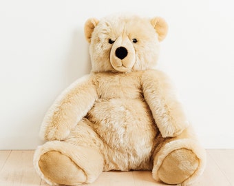 Very Big Handmade Stuffed Toy Teddy Bear 100cm. Beige Synthetic fur, realistic and Very Soft for baby, children & adults